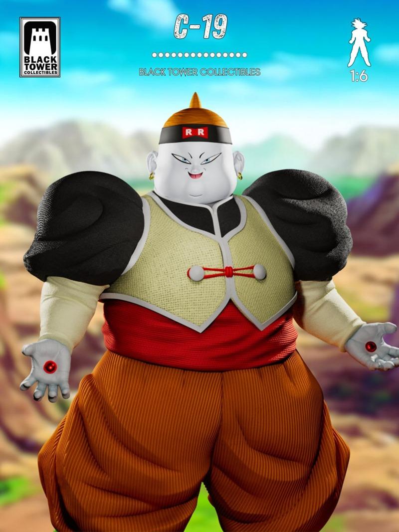 1:6 scale 3D print model of Android 19 from Dragon Ball, wearing orange pants and a yellow vest, with a red ribbon on...