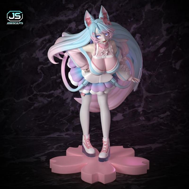 Stylized anime figure of Silvervale with fox ears, pastel blue and pink hair, wearing a revealing outfit and standing...