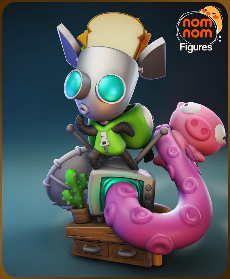 Chibi GIR from Invader Zim 3D model, standing on a TV with a pink tentacle and a sandwich on its head.