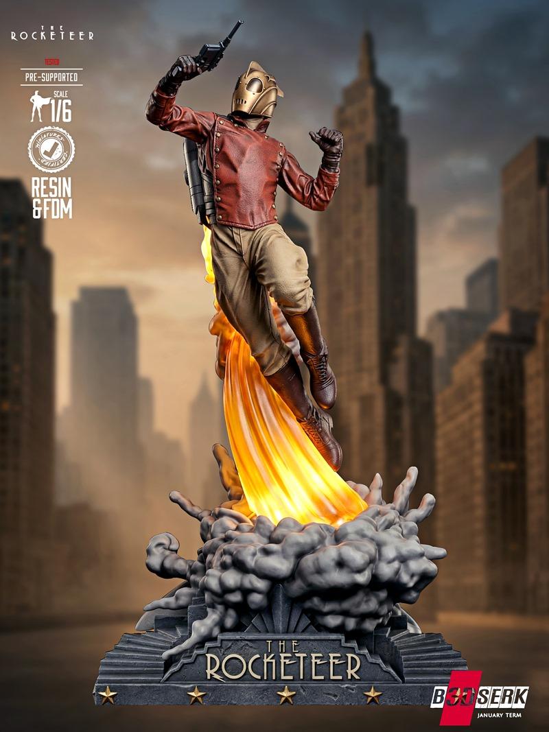 The Rocketeer 3D model in mid-flight, wearing a red jacket, khaki pants, and a golden helmet, with a jetpack emitting...