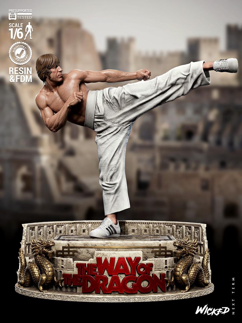 Chuck Norris in a martial arts kick pose, wearing white pants and sneakers, on a base with "The Way of the Drago...