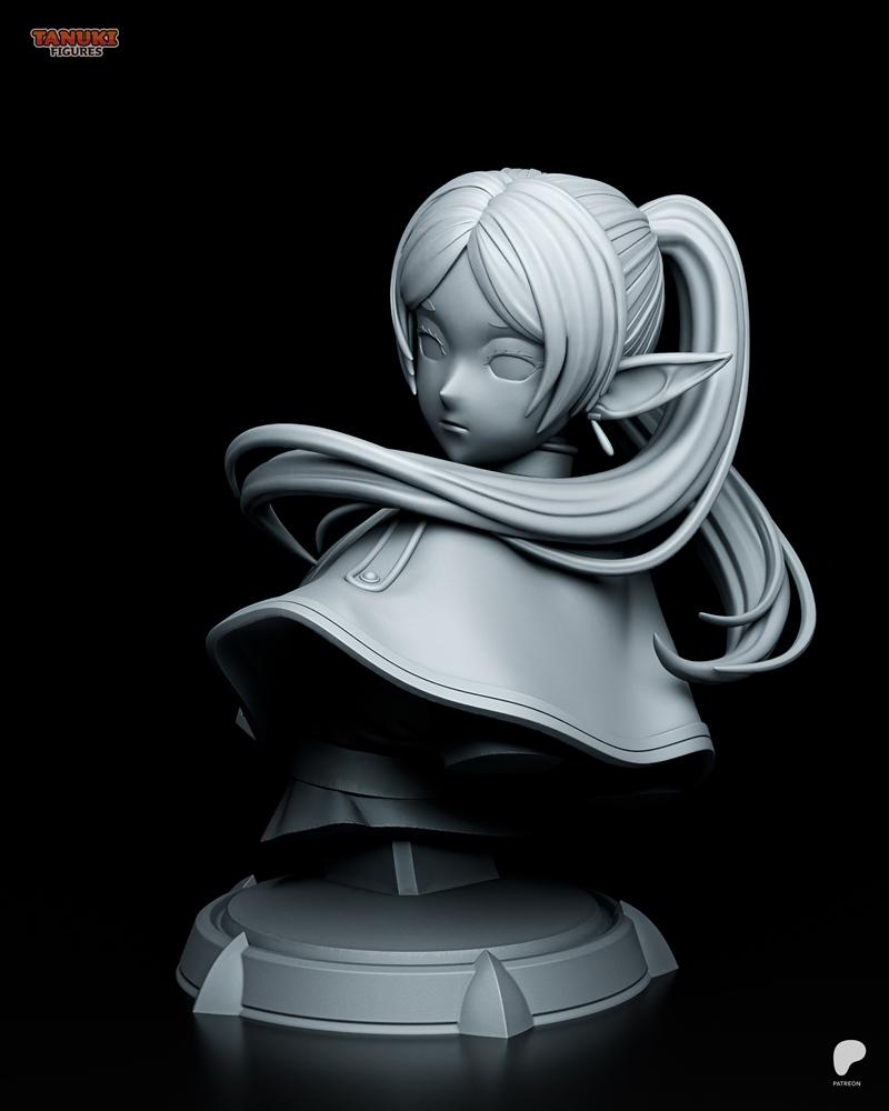 3D model bust of Frieren from Frieren: Beyond Journey's End, featuring elven ears, a ponytail, and a serene expressio...