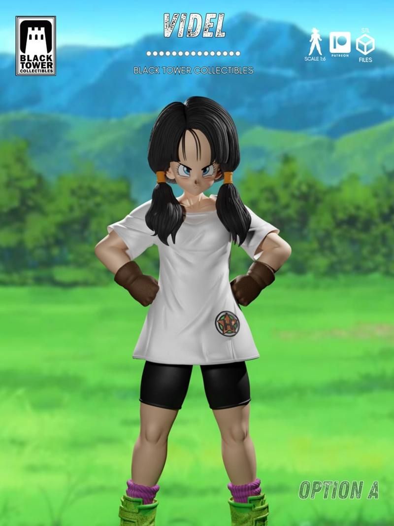 3D model of Videl from Dragon Ball in a combat stance, wearing a white t-shirt, black shorts, brown gloves, and green...