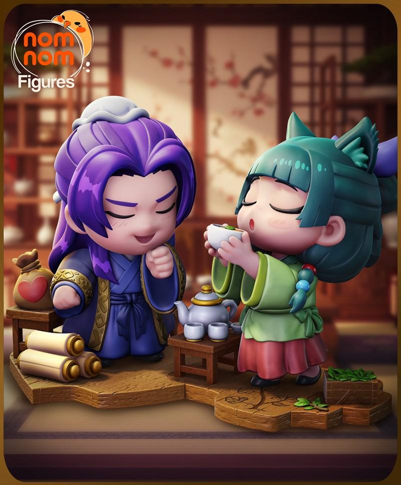 Chibi 3D models of Jinshi and another character from The Apothecary Diaries sharing tea, with scrolls and a tea set o...