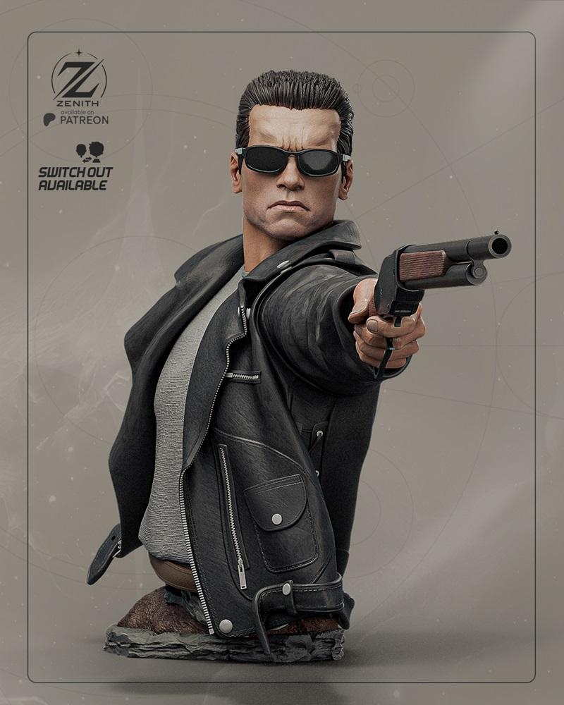 Bust of the T-800 from Terminator, wearing sunglasses and a black leather jacket, holding a shotgun. Zenith Studios 3...