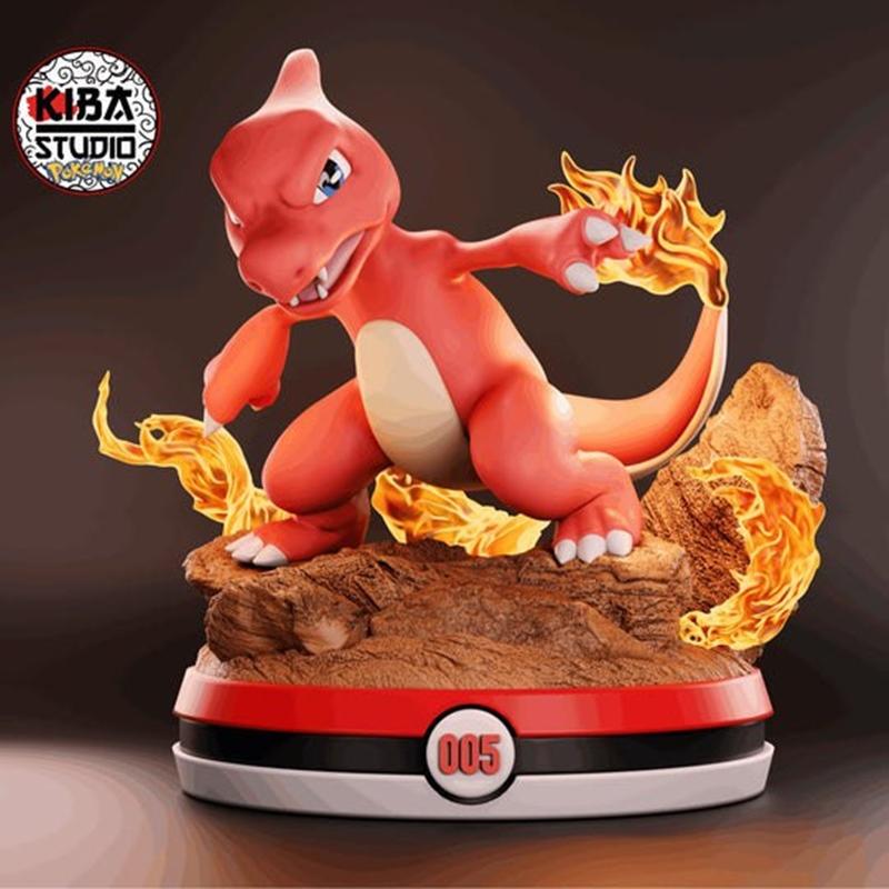 Kiba Studio Charmeleon 3D model figure, orange lizard-like creature with blue eyes and a flame on its tail, posed on...