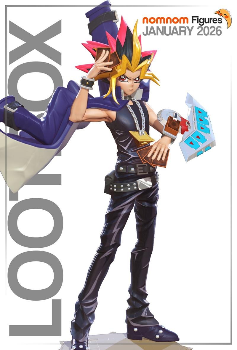 Yugi Muto figure from Yu-Gi-Oh! by Nomnom Figures, holding duel disk and cards, dynamic pose, spiky hair, anime style.