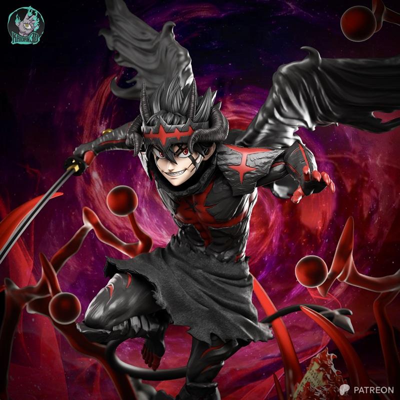 Asta True Devil Union 3D model figure in dynamic combat pose, black wings spread, red and black armor, wielding a swo...