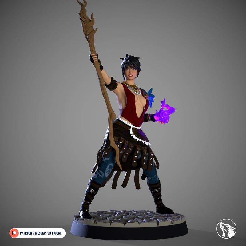 Fantasy sorceress Morrigan 3D model by Messias, holding a staff and casting purple magic, wearing a red top and layer...