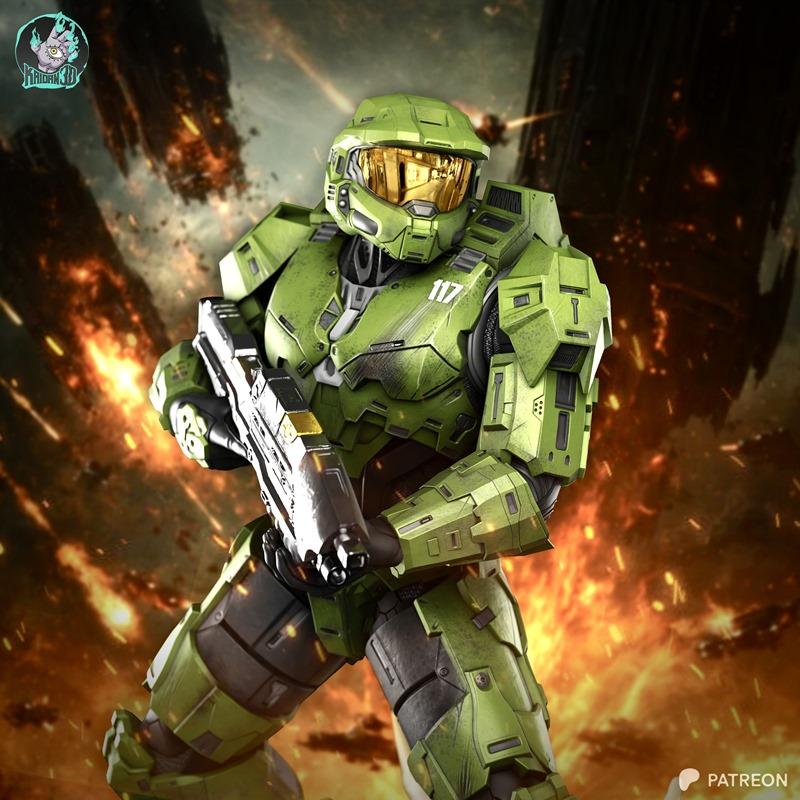 Master Chief in green Mjolnir armor holding a rifle, with a golden visor, set against a background of fire and explos...