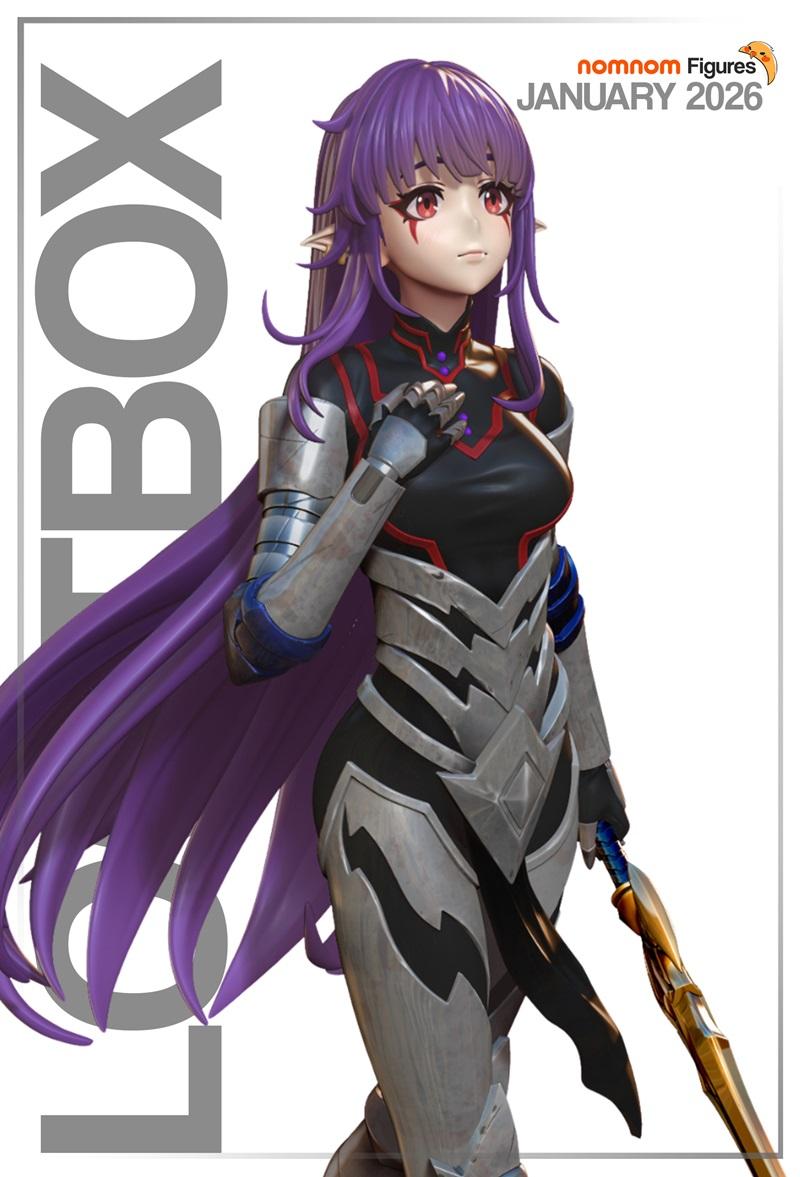 Esil Radiru from Solo Leveling, a 3D figure by Nomnom Figures, with long purple hair, red eyes, elven ears, wearing b...