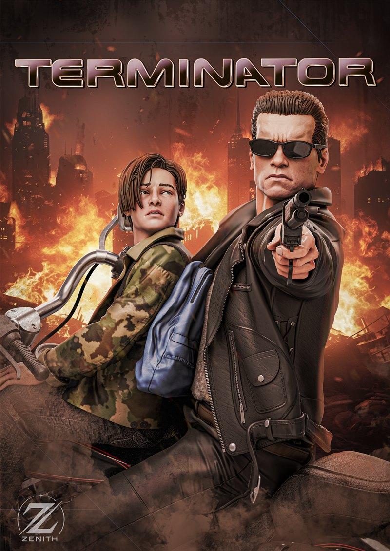 3D model of T-800 Terminator with handgun and John Connor on a motorcycle, set against a burning cityscape.