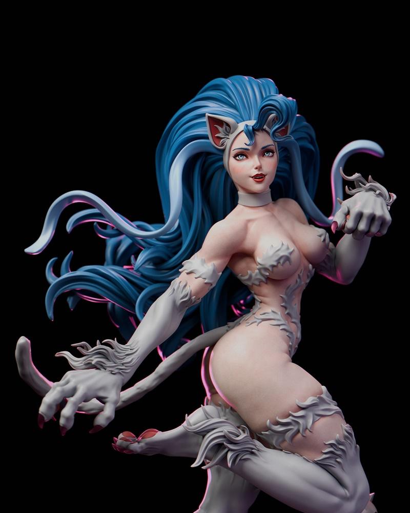 3D print model of Felicia from Darkstalkers, a blue-haired catgirl in a dynamic pose, wearing revealing fur-like attire.