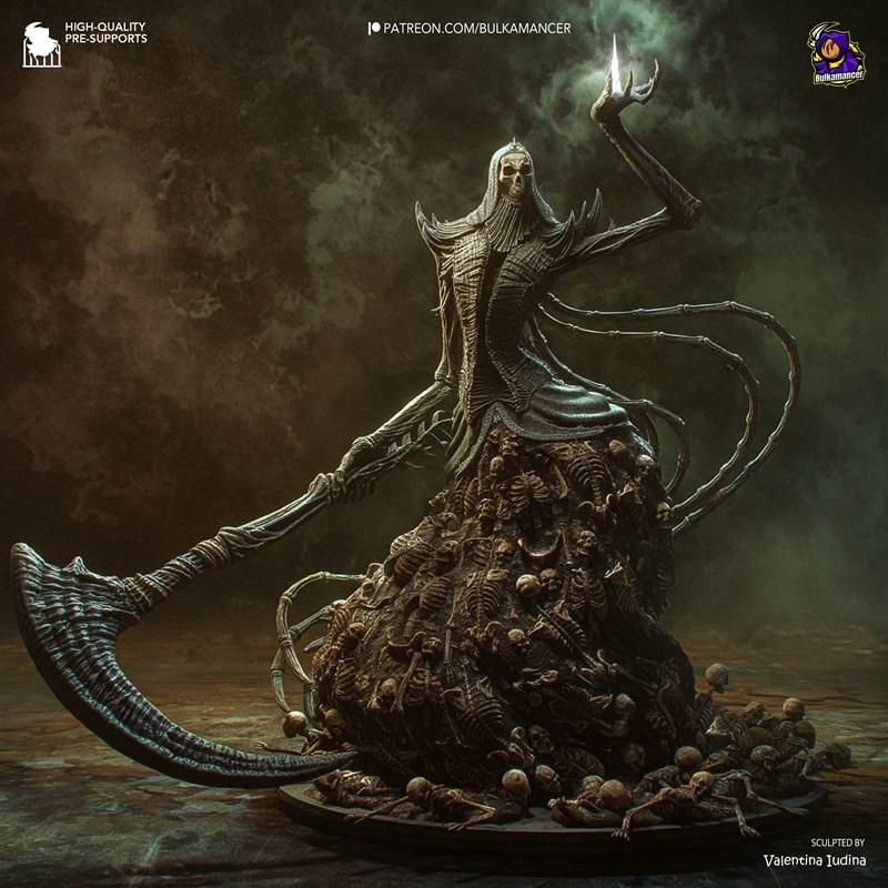 Nashandra figure from Dark Souls, holding a large scythe, with a robe made of skeletons and a base covered in bones....