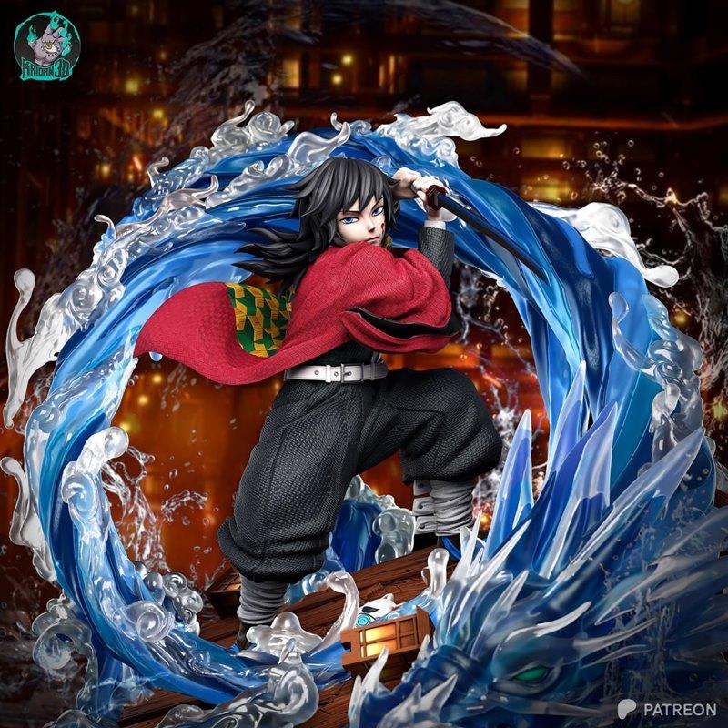 Tomioka Giyu from Demon Slayer in a dynamic pose, surrounded by water effects and wielding a katana. The figure wears...