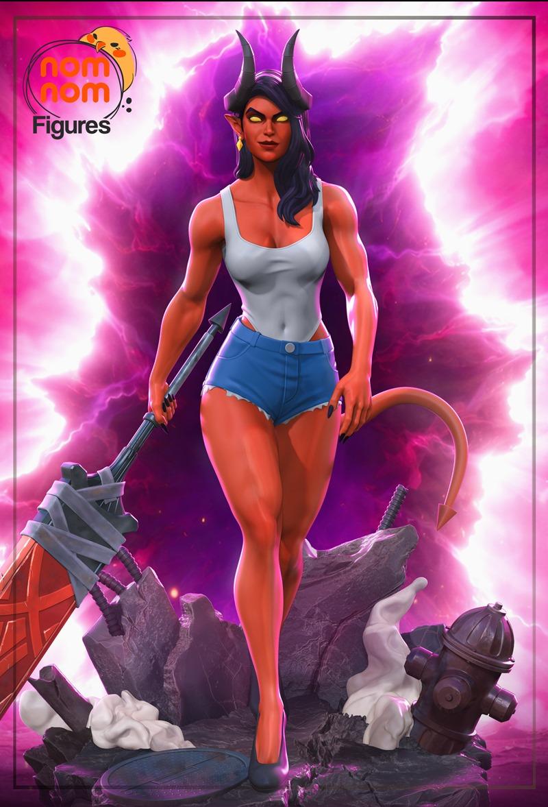 Muscular red-skinned demon woman with horns and tail, wearing a white tank top and denim shorts, holding a large axe....