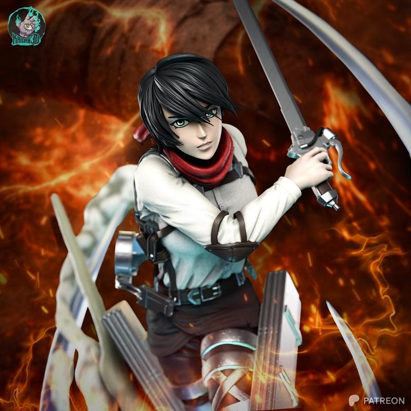 Mikasa Ackerman 3D model in Survey Corps uniform, holding swords, intense expression, anime style.