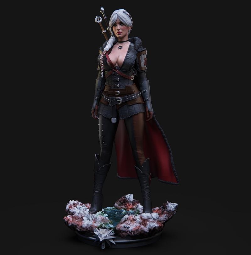Ciri 3D model from The Witcher, standing on a rocky base, wearing a dark outfit with a cape and sword on her back. Wh...