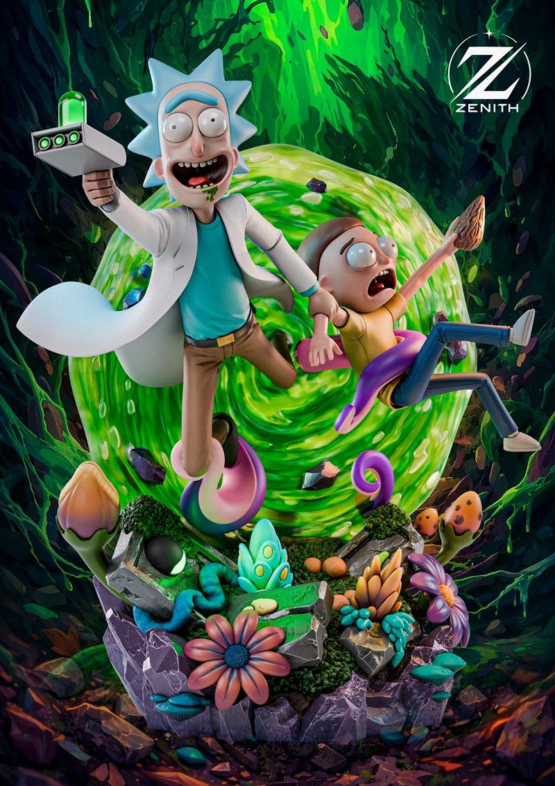 Rick Sanchez and Morty Smith leaping through a green portal, Rick holding a portal gun, Morty being pulled by a tenta...