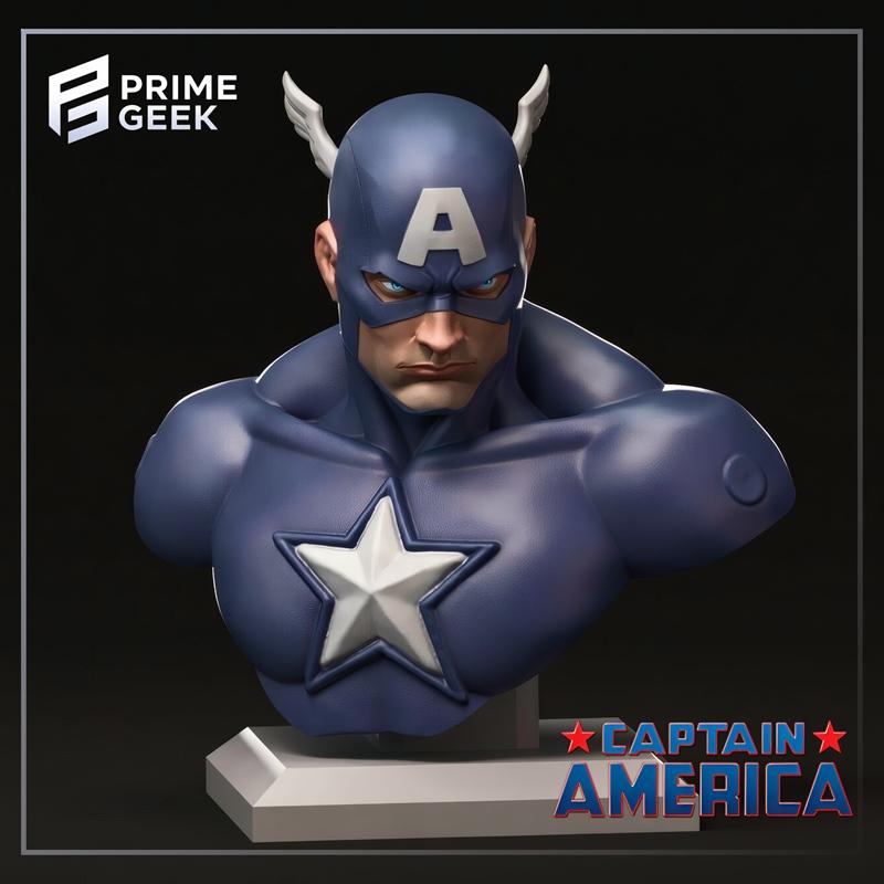 Prime Geek Captain America bust 3D model, featuring the superhero in his classic blue suit with a white star emblem a...