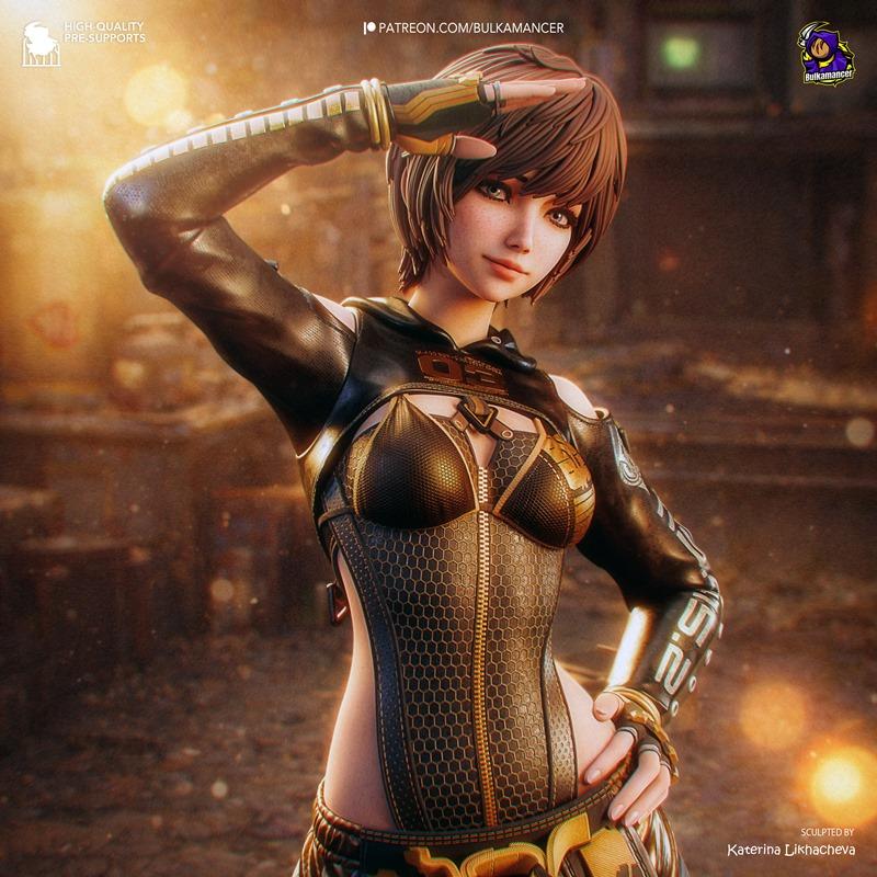 3D model of Lily from Stellar Blade, wearing a black and gold armored corset with a zipper, saluting pose.