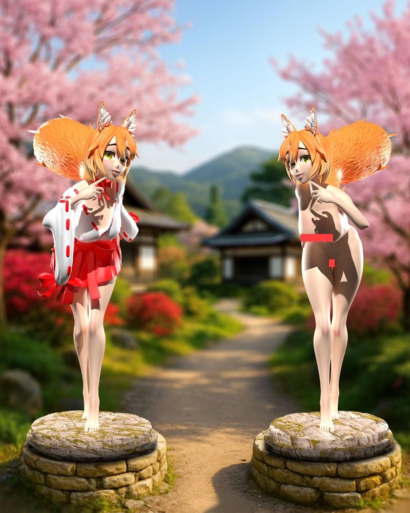 Two 3D models of the anime character Senko, a fox girl. One wears a shrine maiden outfit, the other is nude. Both sta...