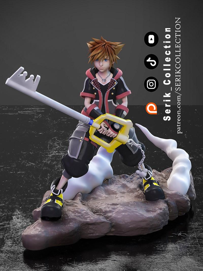 Sora from Kingdom Hearts holding a large Keyblade, standing on a rocky base with white smoke effects. He wears a blac...