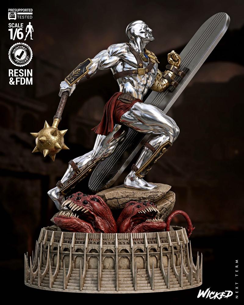 Silver Surfer figure in metallic armor, wielding a spiked mace and carrying a surfboard, posed heroically above a dio...