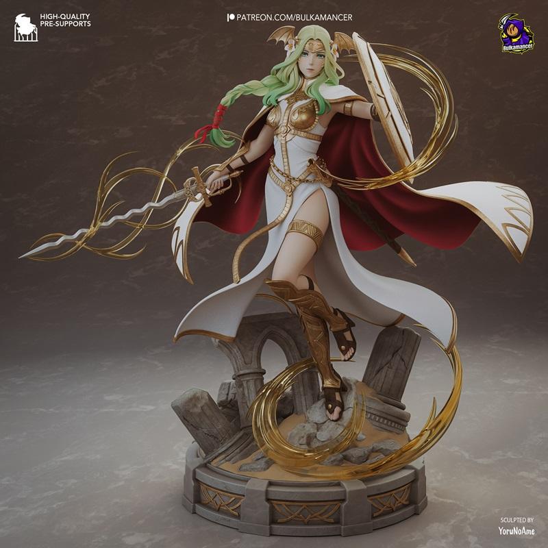 Saint Seiros 3D model figure from Fire Emblem, holding a sword and shield, wearing white and gold armor with a red ca...
