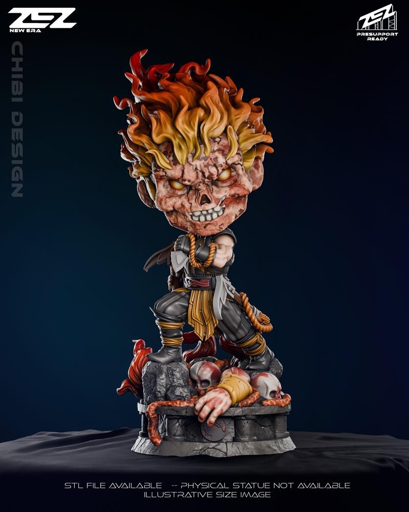 Chibi Scorpion figure from Mortal Kombat, with fiery hair, skull-like face, and detailed base with skulls and a sever...