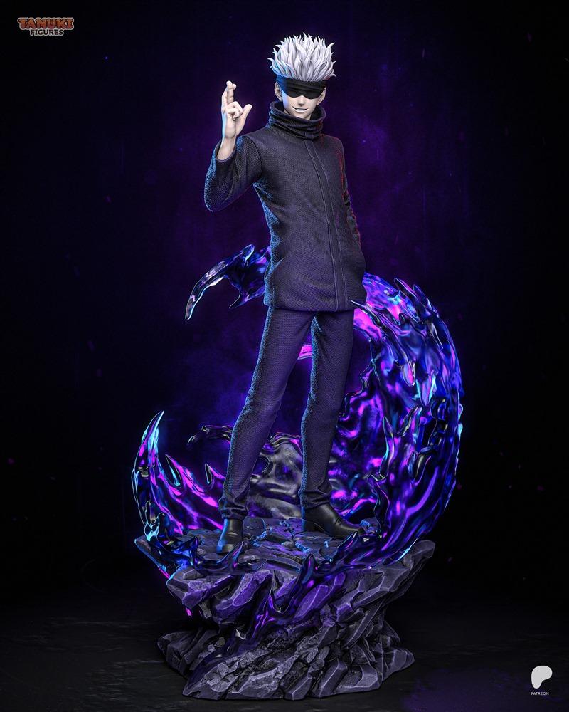 Gojo Satoru 3D model figure by Tanuki Figures, wearing a dark jacket and pants, with a blindfold, standing on a rocky...