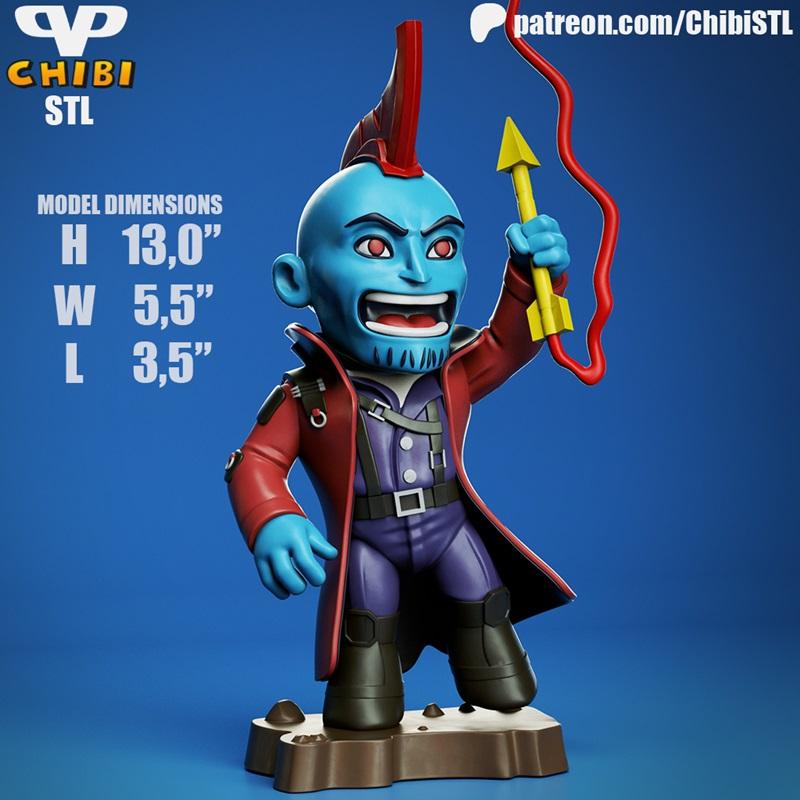 Chibi Yondu Udonta 3D model, blue-skinned character with red mohawk, red coat, purple suit, holding a yellow arrow. M...