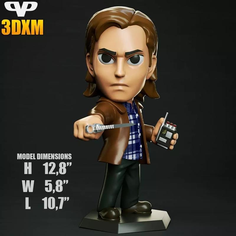Chibi 3D model of Sam Winchester from Supernatural, holding a knife and walkie-talkie. He wears a brown jacket over a...