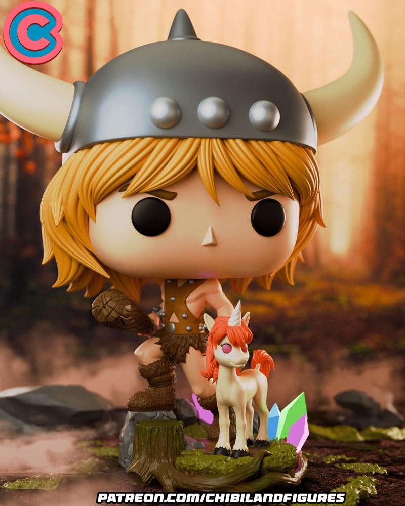 Chibi viking figure with horned helmet and club, accompanied by a small unicorn and crystals. 3D model by Chibi Land...