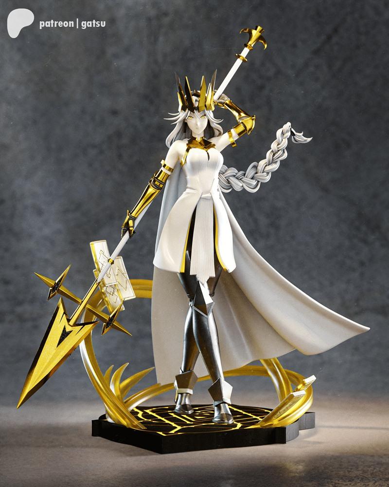 Heroic Empress 3D model figure by Gatsu Studios, wearing white and gold regal attire, crown, armor, and holding a gol...