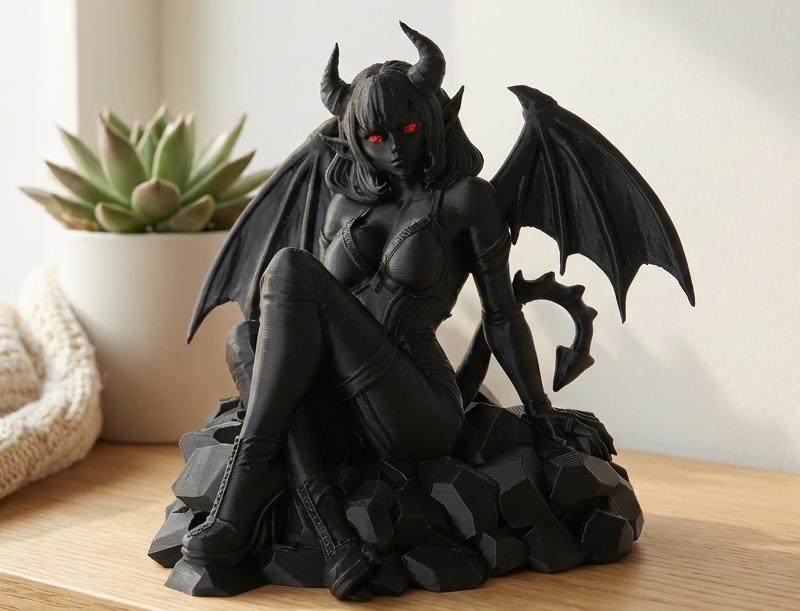 Black 3D printed figure of a demonic woman with horns, bat wings, and red eyes, sitting on rocks. She wears a reveali...