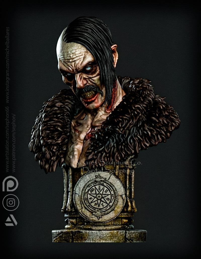 Nosferatu bust with gaunt face, glowing eyes, fangs, and a fur collar, mounted on a stone pedestal with a compass-lik...