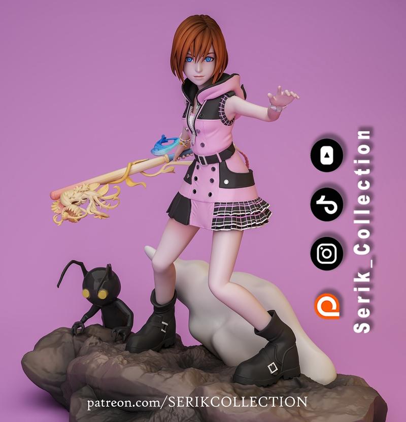 3D model of Kairi from Kingdom Hearts, holding a Keyblade, with a Heartless at her feet, wearing a pink and black out...