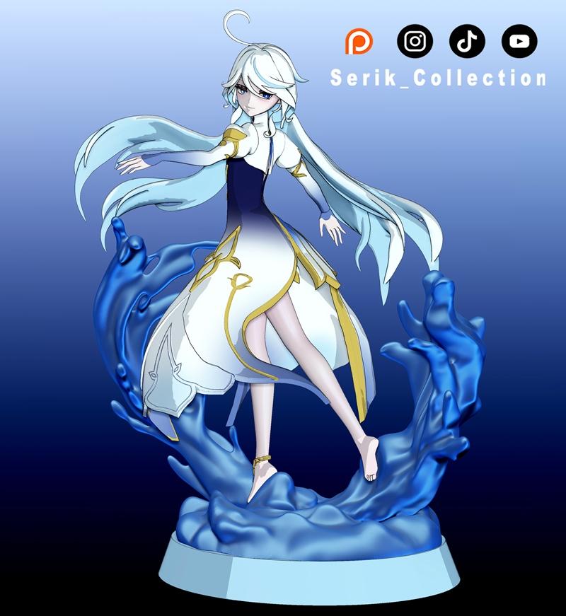 3D model figure of Furina from Genshin Impact, standing on blue water effects, wearing a white and gold dress, with l...