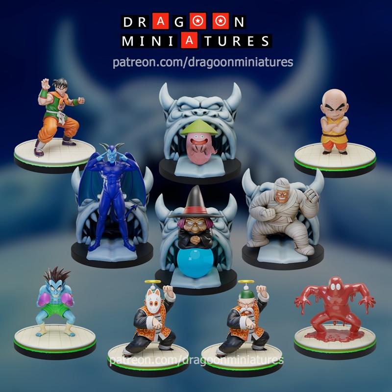 Collection of Dragon Ball anime 3D miniatures: Krillin, Goku, Yamcha, Uranai Baba, demon, mummy, red creature, pink m...