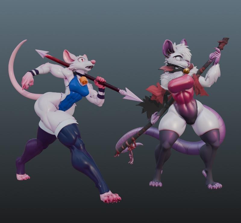 Two anthropomorphic characters, one mouse-like and one cat-like, in dynamic combat poses, each holding a weapon. Both...