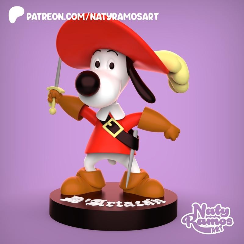 3D model figure of Dartacan, a white dog wearing a red musketeer outfit, a large red hat, and holding a sword. The fi...
