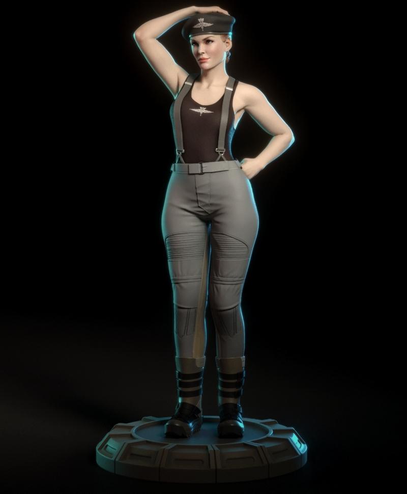 Dizzy Flores 3D model figure by Torrida Minis, wearing a black beret, tank top with suspenders, and tactical pants, s...