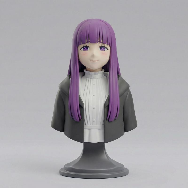 3D printable bust of Fern from Frieren: Beyond Journey's End, featuring purple hair, a white shirt, and a dark cloak,...