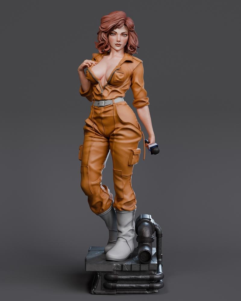 3D printable figure of April O’Neil in an unzipped orange jumpsuit, holding a microphone, with a seductive pose on an...
