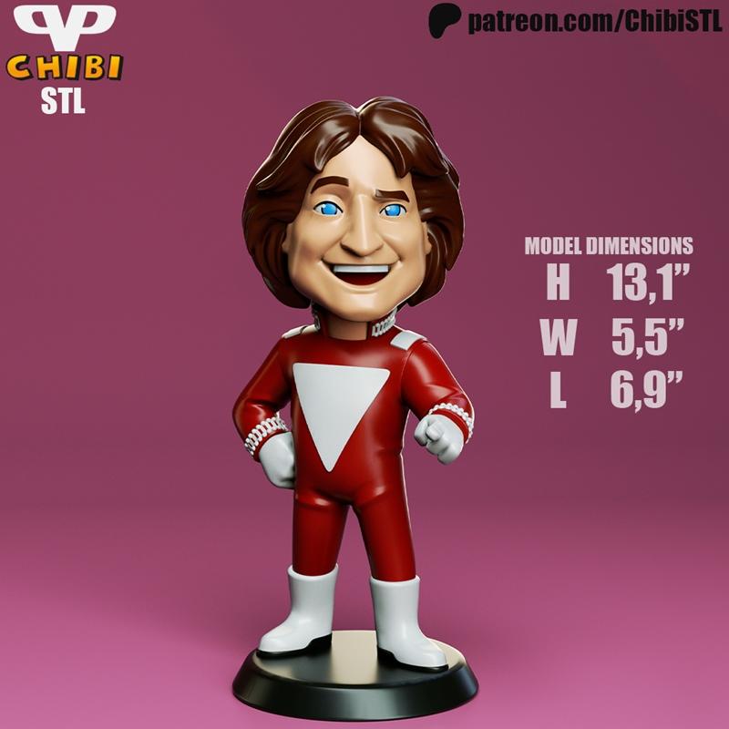 Chibi Mork from Mork & Mindy in a red and white uniform, smiling with hands on hips, on a black base. Model dimension...