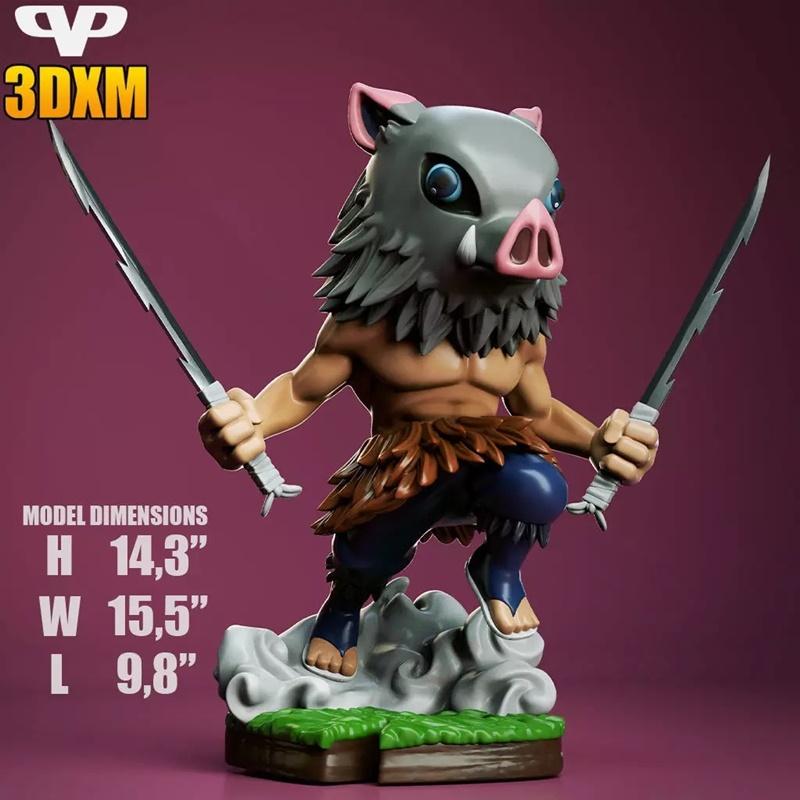 Chibi Inosuke Hashibira 3D model from Demon Slayer, wearing a boar mask and holding two swords, posed dynamically on...