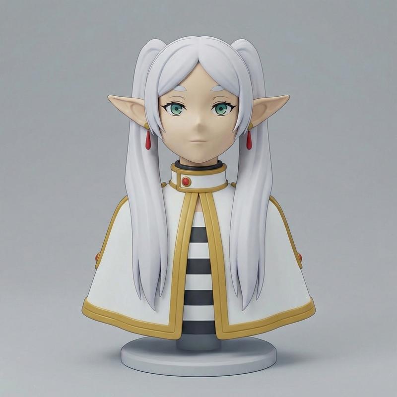 Bust of Frieren from Frieren: Beyond Journey's End, featuring long white twin-tail hair, pointed elven ears with red...