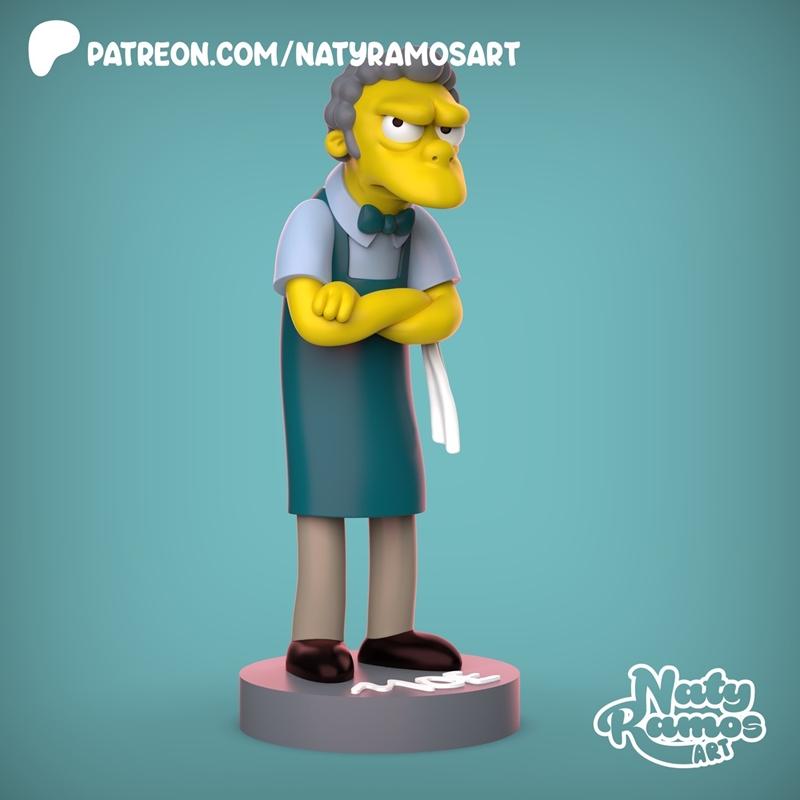 3D model of Moe Szyslak from The Simpsons, wearing an apron and crossed arms, with a towel tucked in his apron.