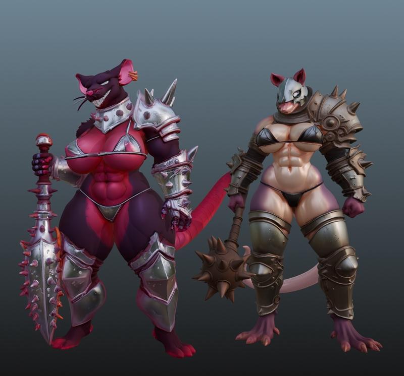 Two muscular anthropomorphic female rats in revealing armor and bikinis, one holding a large spiked sword, the other...